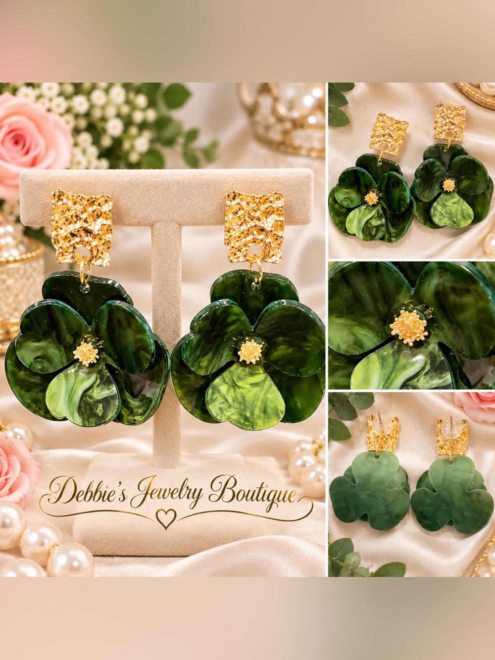 Green Flower Drop Earrings Gold Tone Floral Statement 2 Inch Dangle - Picture 2 of 6